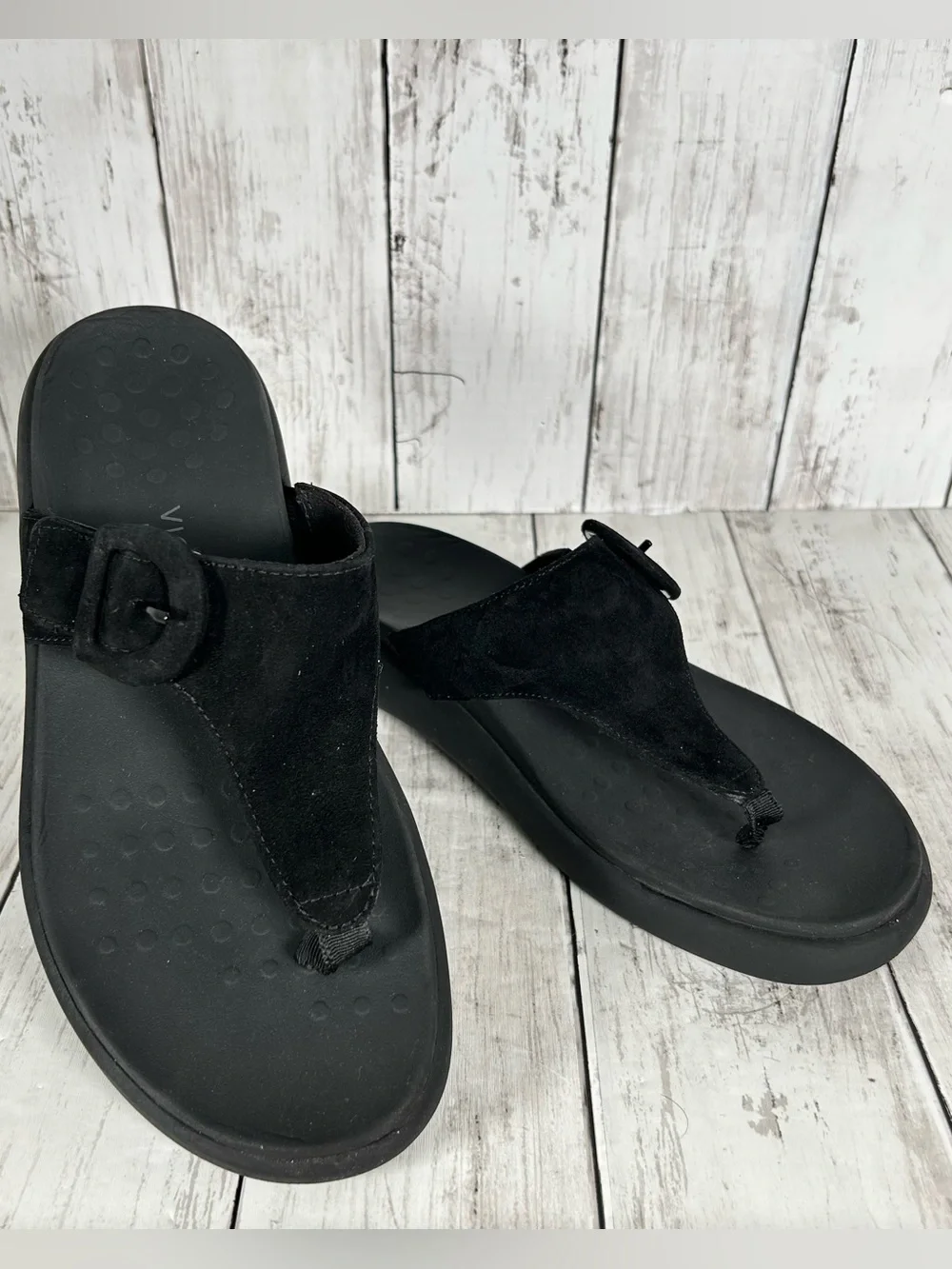 VIONIC Activate RX Black Suede Thong Flat Slide Sandals Size US 8.5 EU 39 CLEAN